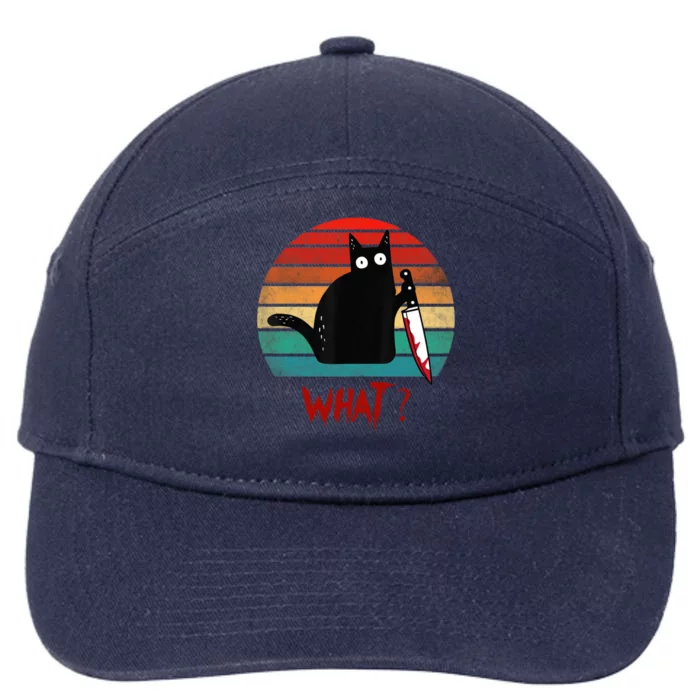 Vintage Cat What? Funny Black Cat Murderous Cat With Knife Gift 7-Panel Snapback Hat