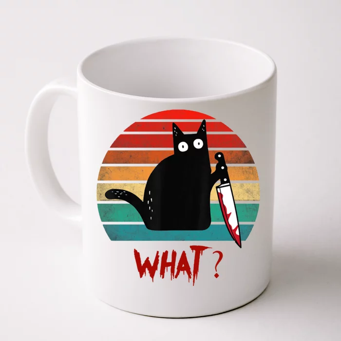 Vintage Cat What? Funny Black Cat Murderous Cat With Knife Gift Front & Back Coffee Mug