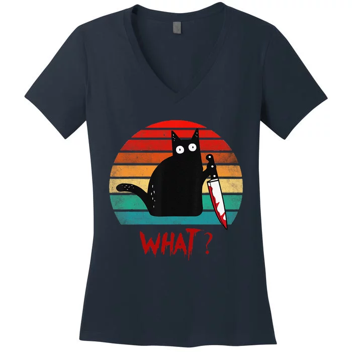 Vintage Cat What Funny Black Cat Murderous Cat With Knife Women's V-Neck T-Shirt