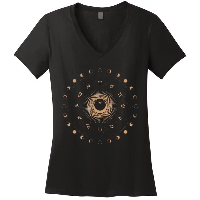 Vintage Celestial Zodiac Sign Astrology Gift Astronomy Women's V-Neck T-Shirt