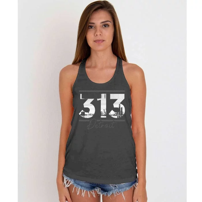 Vintage Detroit 313 Area Code Skyline Michigan Funny Women's Knotted Racerback Tank