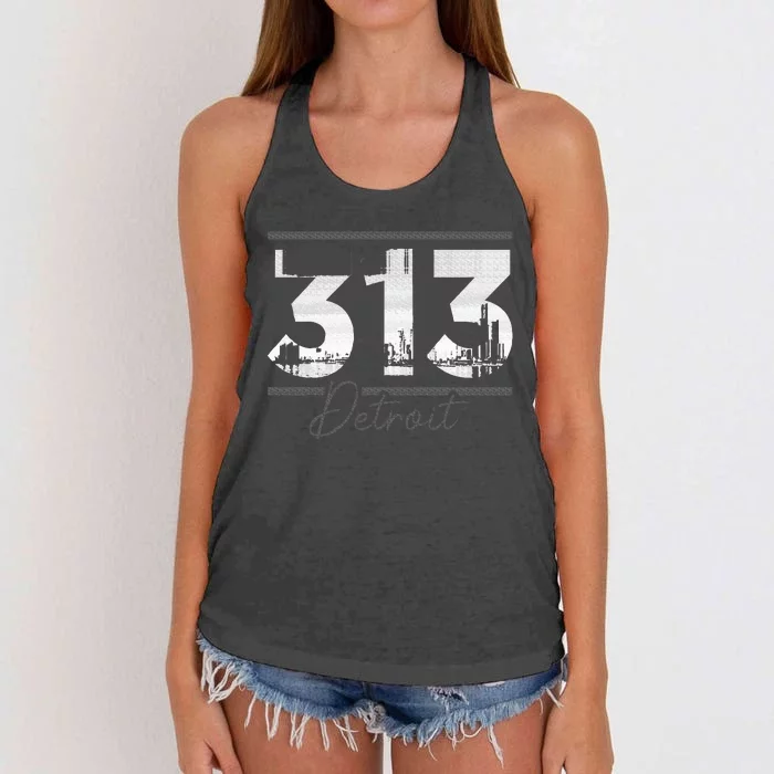 Vintage Detroit 313 Area Code Skyline Michigan Funny Women's Knotted Racerback Tank