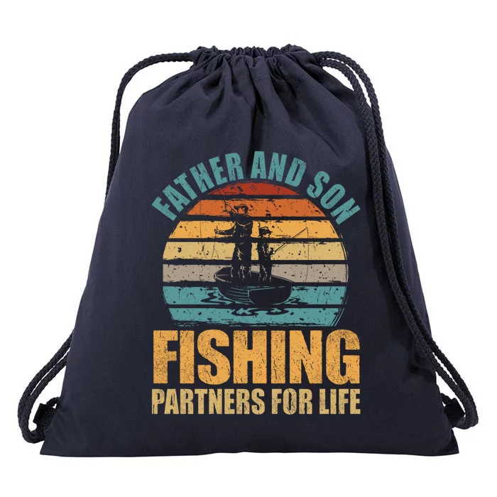 Vintage Dad And Son Fishing Partners For Life Fathers Day Funny Gift Drawstring Bag