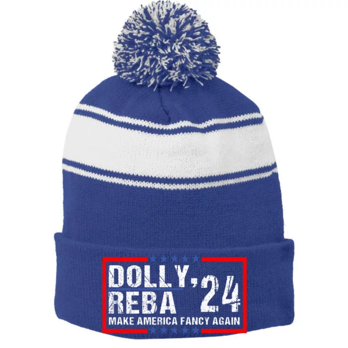 Vintage Dolly And Reba 2024 Make America Fancy Again Stripe Pom Pom Beanie