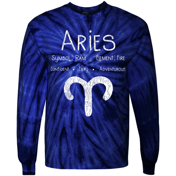 Vintage Distressed Aries Symbol Zodiac Sign Birthday Gift Tie-Dye Long Sleeve Shirt