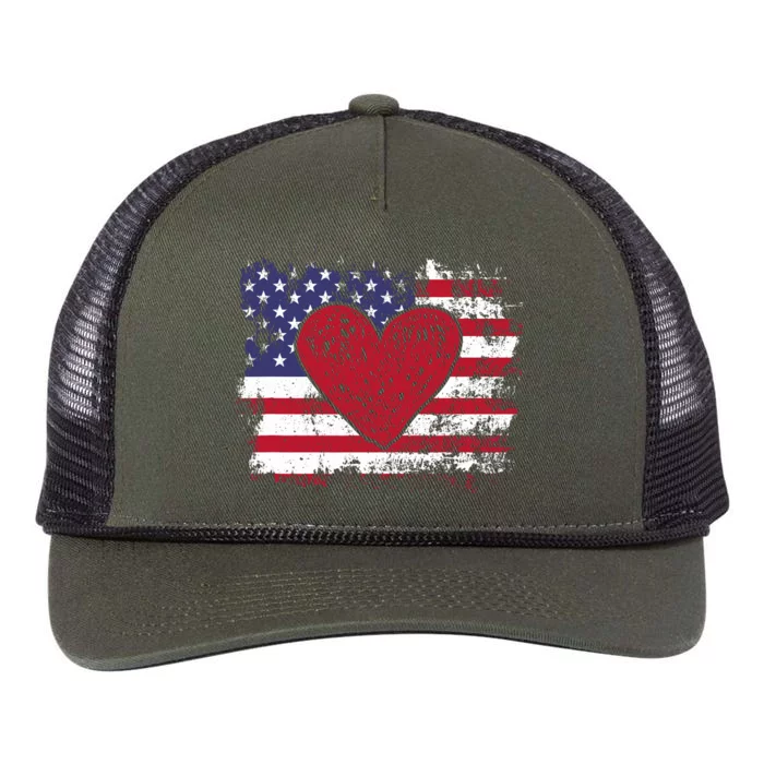 ValentineS Day American Flag Red Hearts Us Patriotic Love Retro Rope Trucker Hat Cap