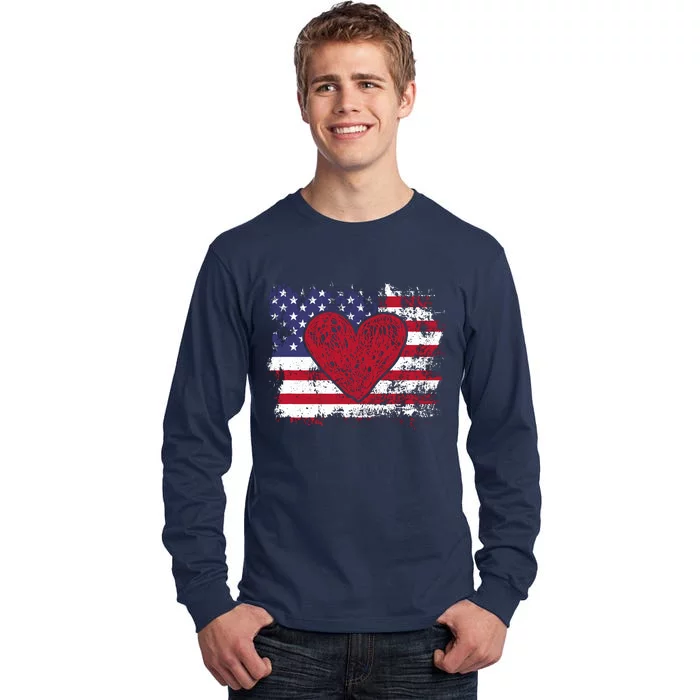 ValentineS Day American Flag Red Hearts Us Patriotic Love Tall Long Sleeve T-Shirt