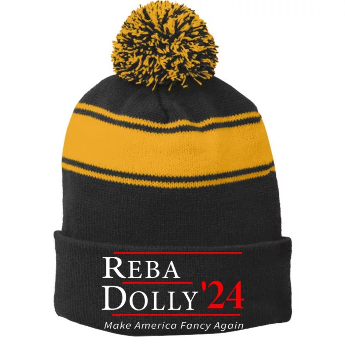 Vintage Dolly And Reba 2024 Make America Fancy Again Stripe Pom Pom Beanie