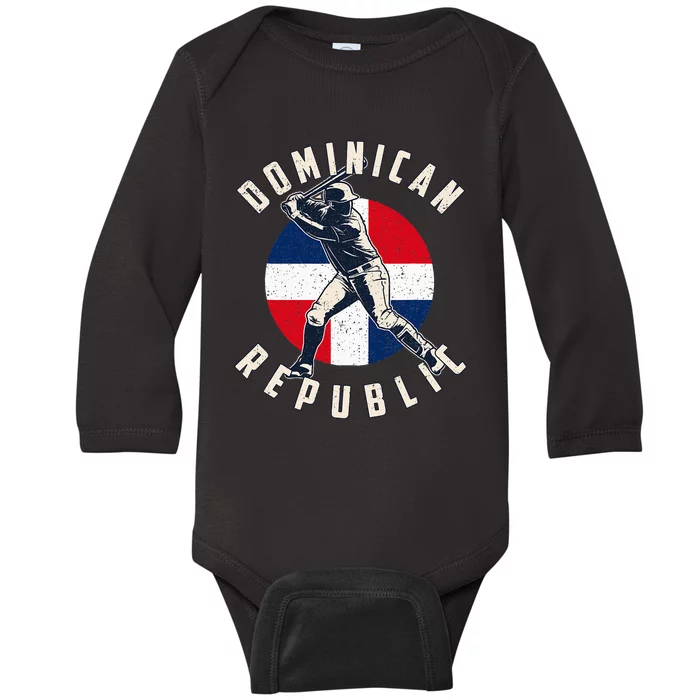 Vintage Dominican Baseball Batter Dominican Republic Flag Baby Long Sleeve Bodysuit