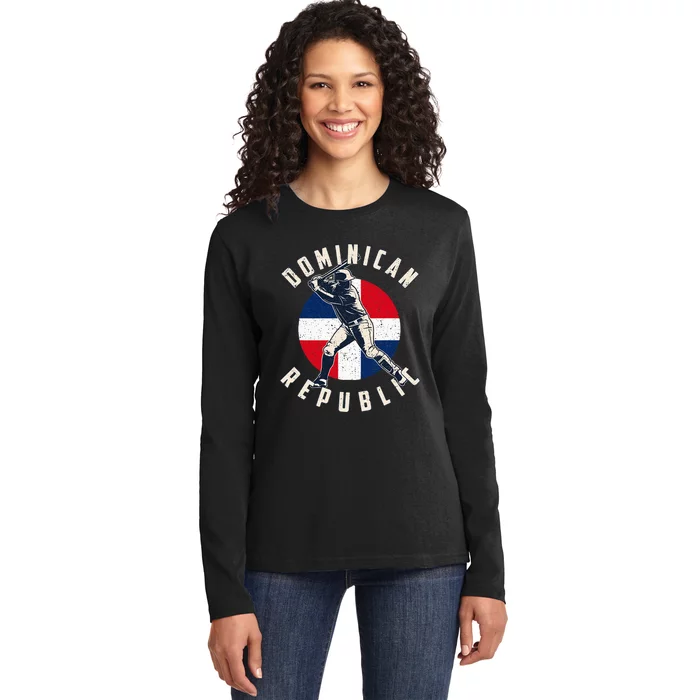 Vintage Dominican Baseball Batter Dominican Republic Flag Ladies Long Sleeve Shirt