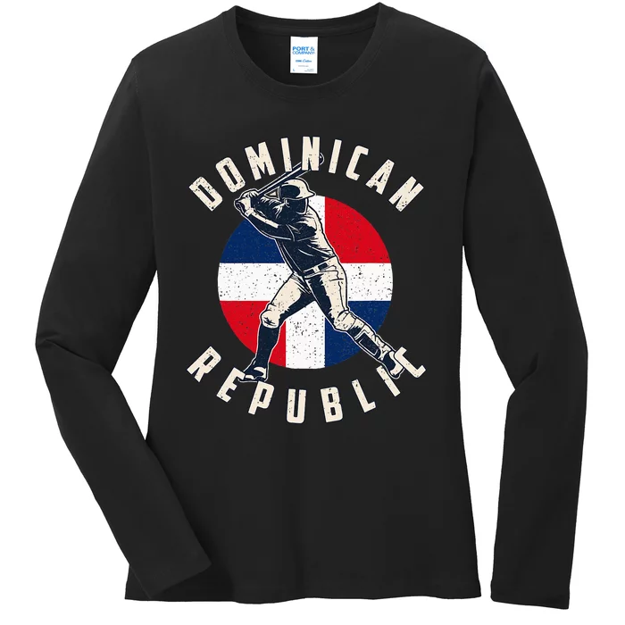 Vintage Dominican Baseball Batter Dominican Republic Flag Ladies Long Sleeve Shirt