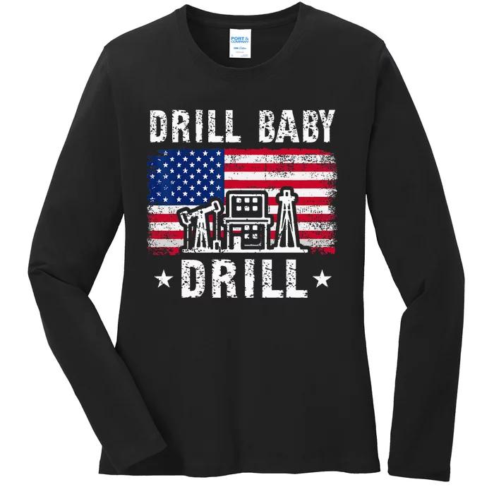 Vintage Drill Baby Drill Trump 2024 4th Of July Political Ladies Long Sleeve Shirt