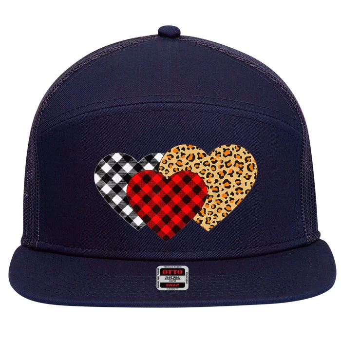 Valentine's Day Buffalo Plaid, Leopard Print Hearts 7 Panel Mesh Trucker Snapback Hat