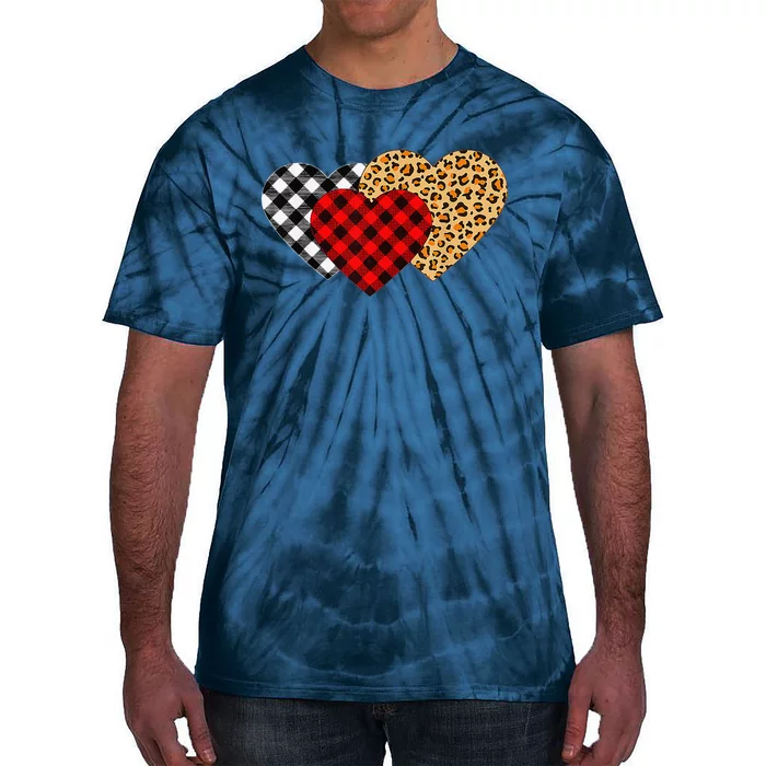 Valentine's Day Buffalo Plaid, Leopard Print Hearts Tie-Dye T-Shirt