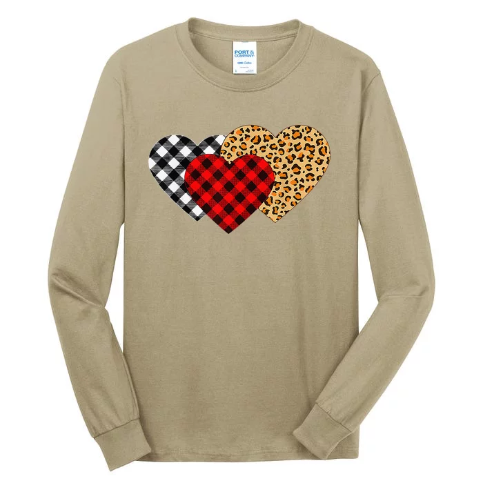 Valentine's Day Buffalo Plaid, Leopard Print Hearts Tall Long Sleeve T-Shirt