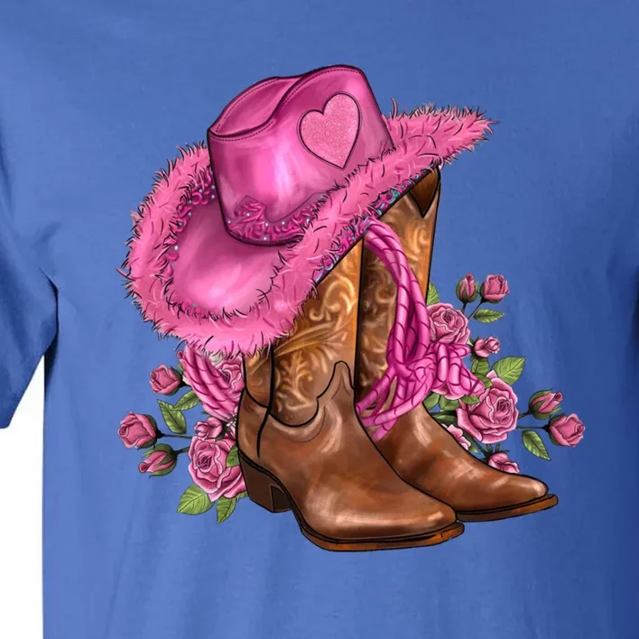 Valentines Day Boots Cow Hat And Roses Valentines Day Gift Tall T-Shirt