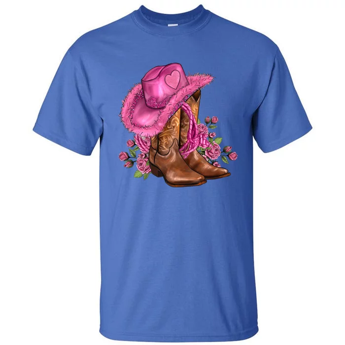 Valentines Day Boots Cow Hat And Roses Valentines Day Gift Tall T-Shirt