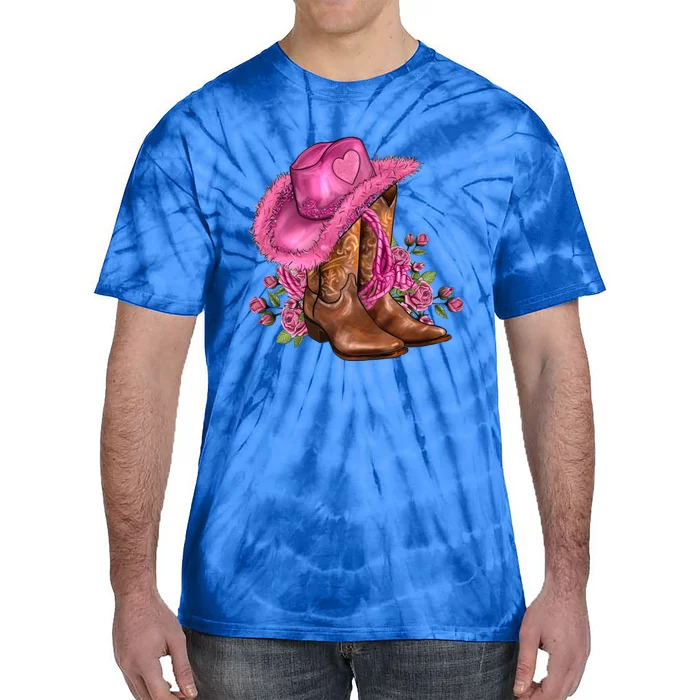 Valentines Day Boots Cow Hat And Roses Valentines Day Gift Tie-Dye T-Shirt