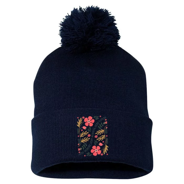 Very Demure Boho Flowers Pom Pom 12in Knit Beanie