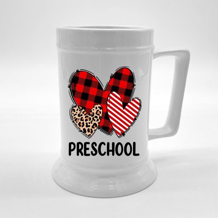 Valentines Day Buffalo Plaid Leopard Preschool Teacher Funny Gift Funny Gift Front & Back Beer Stein