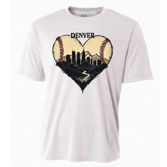 Vintage Denver Baseball Heart With Skyline Cooling Performance Crew T-Shirt