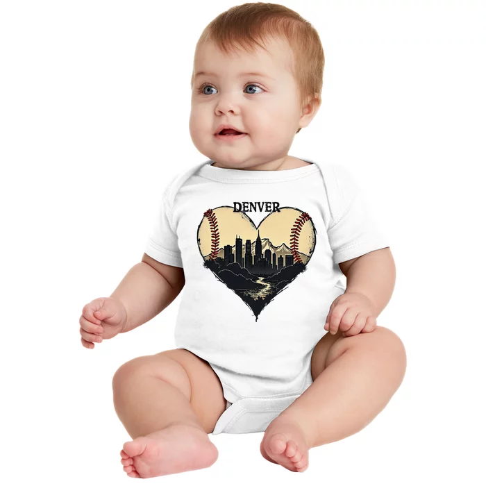 Vintage Denver Baseball Heart With Skyline Baby Bodysuit