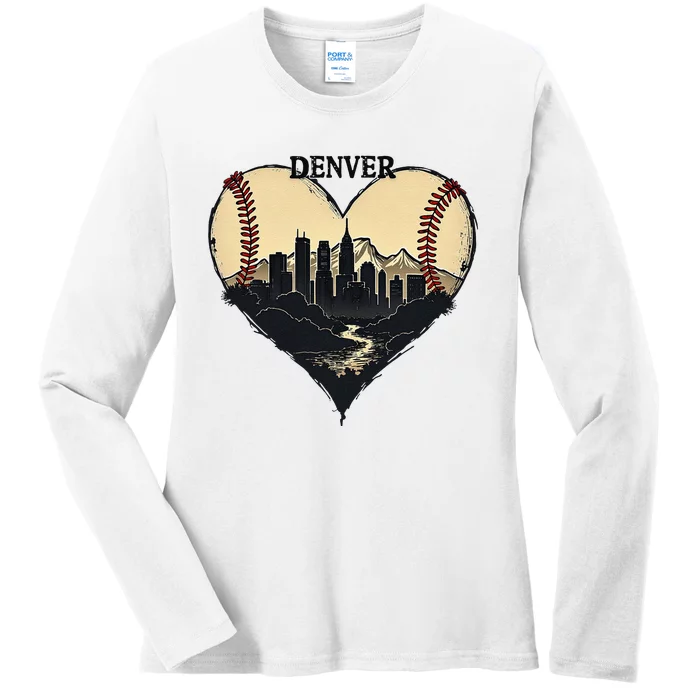 Vintage Denver Baseball Heart With Skyline Ladies Long Sleeve Shirt