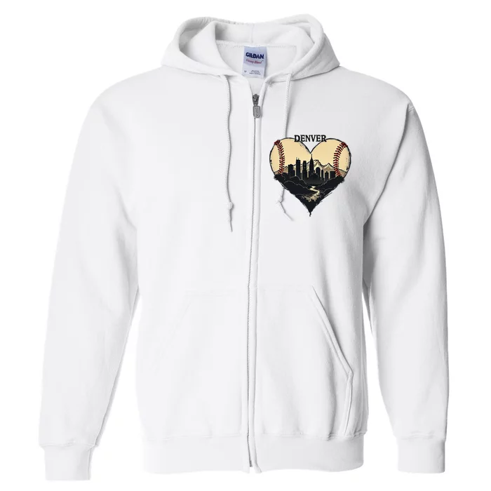 Vintage Denver Baseball Heart With Skyline Full Zip Hoodie