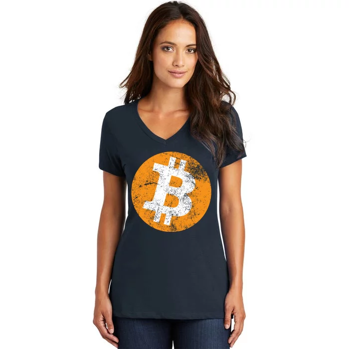 Vintage Distressed Bitcoin Logo Women's V-Neck T-Shirt