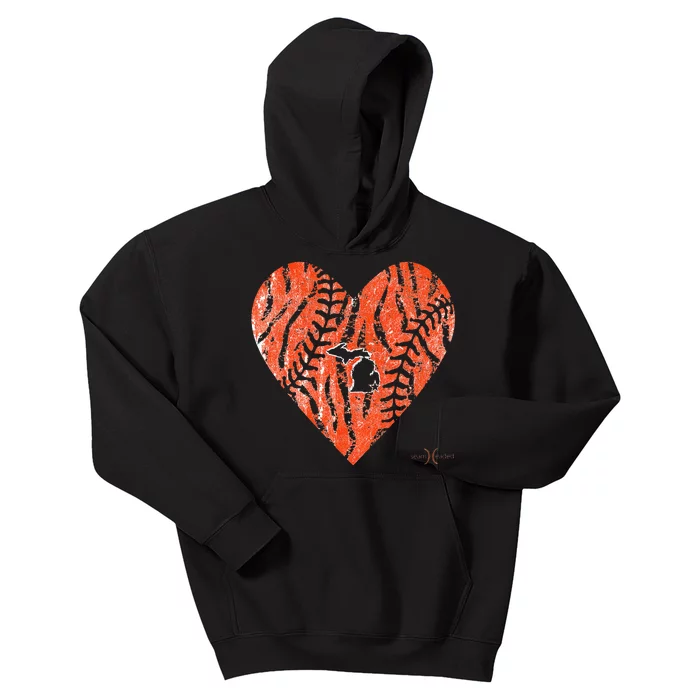 Vintage Detroit Baseball Heart with Tiger Stripes Kids Hoodie