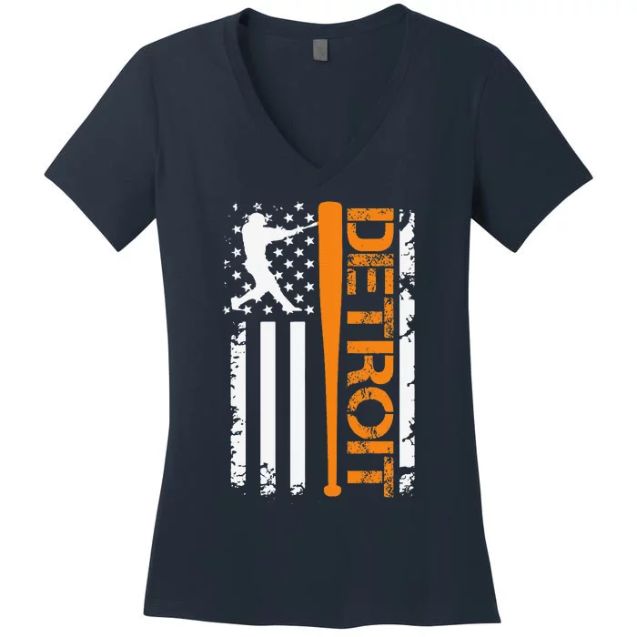 Vintage Detroit Baseball American Us Flag Women's V-Neck T-Shirt