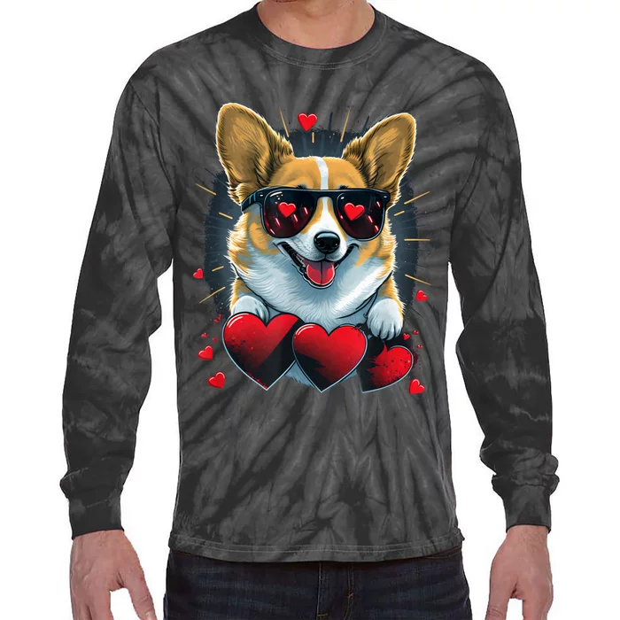 Valentines Day Corgi Heart Couples Love Corgi Dog Lovers Tie-Dye Long Sleeve Shirt