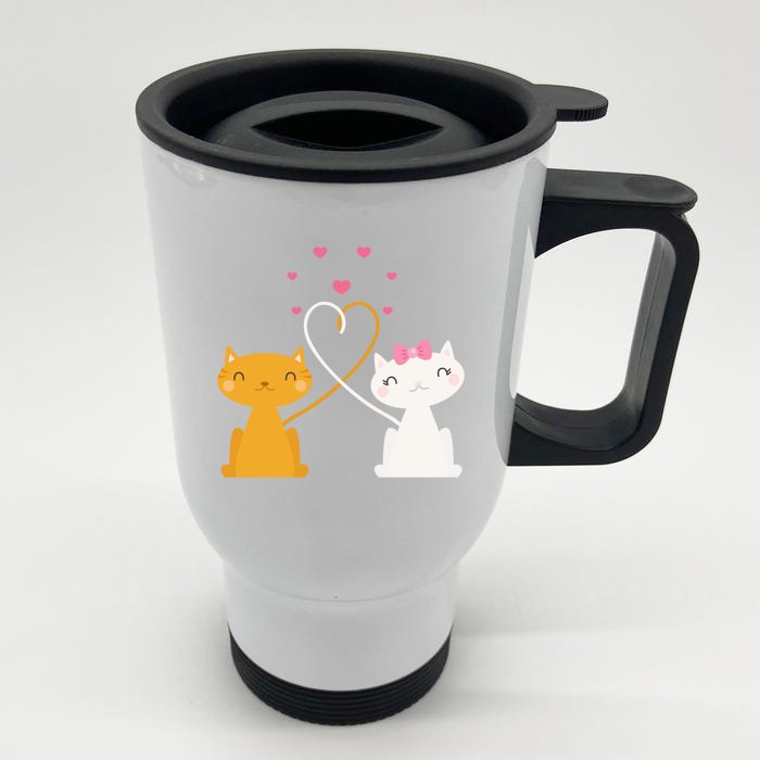 Valentine's Day Cat Kitten Couple Heart Tail Kitty In Love Gift Front & Back Stainless Steel Travel Mug