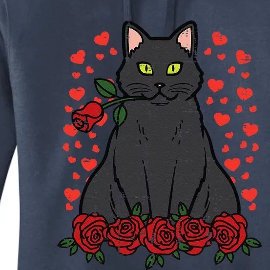 Valentines Day Cat Red Roses Cute Valentine Pet Funny Women's Pullover Hoodie