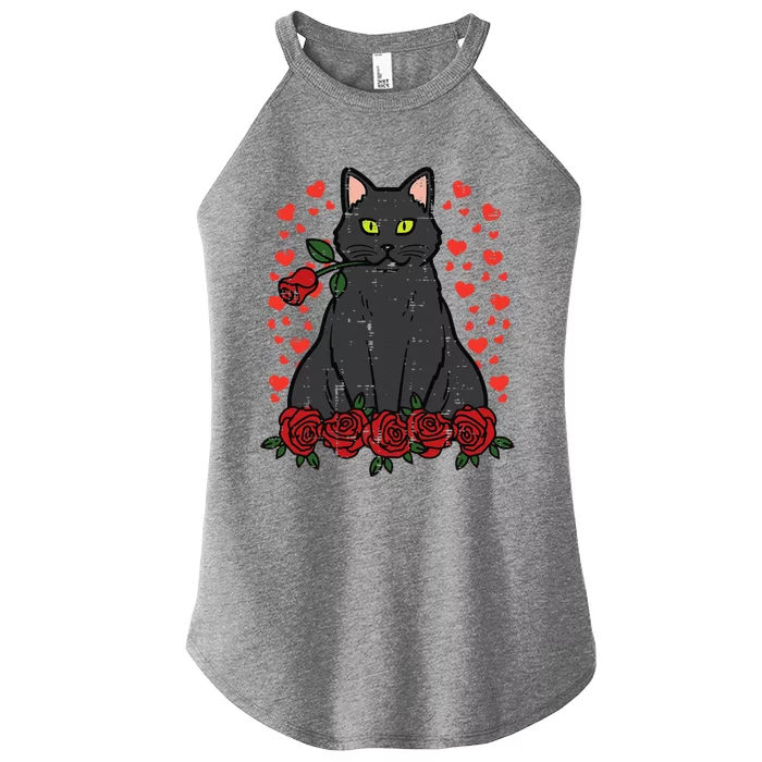 Valentines Day Cat Red Roses Cute Valentine Pet Funny Women’s Perfect Tri Rocker Tank