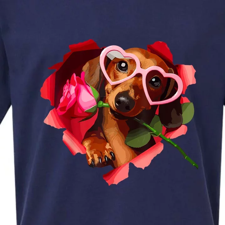 Valentines Day Cute Dachshund Dog Heart Glasses Lover Rose Gift Sueded Cloud Jersey T-Shirt