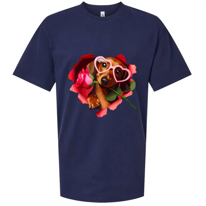 Valentines Day Cute Dachshund Dog Heart Glasses Lover Rose Gift Sueded Cloud Jersey T-Shirt