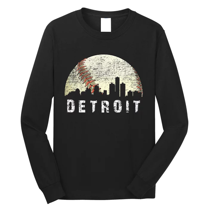 Vintage Detroit Cityscape Baseball Lover Women Long Sleeve Shirt