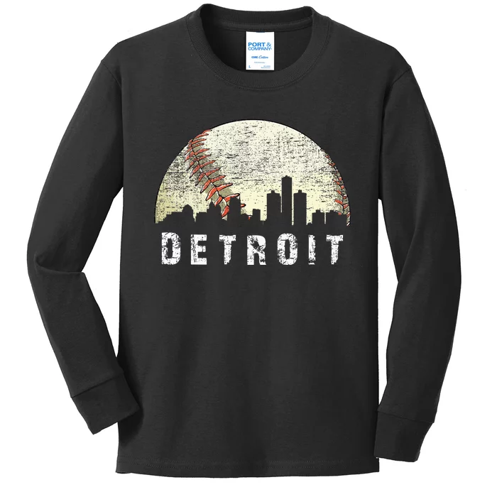 Vintage Detroit Cityscape Baseball Lover Women Kids Long Sleeve Shirt