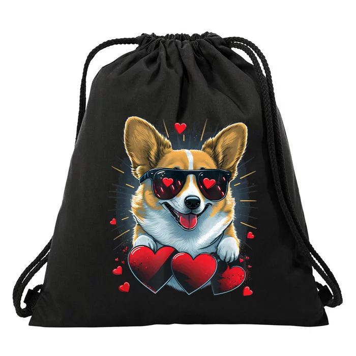 Valentines Day Corgi Heart Couples Love Corgi Dog Lovers Drawstring Bag