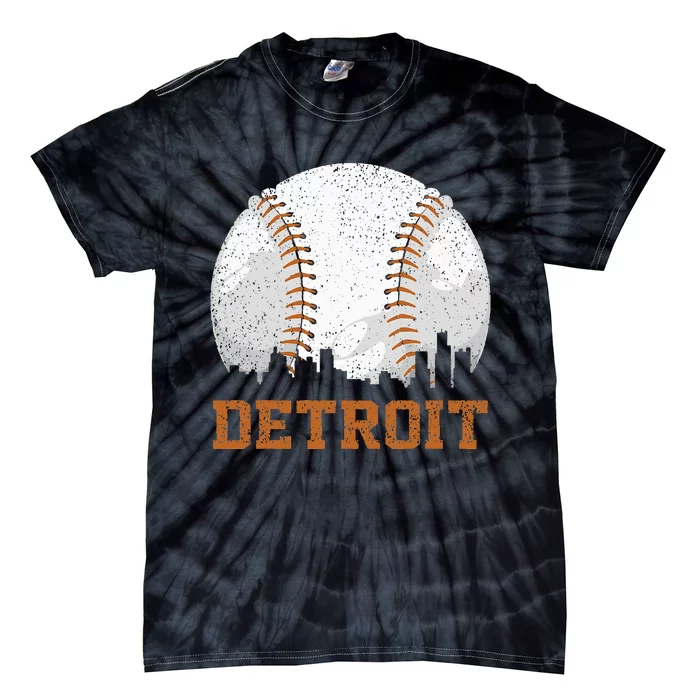 Vintage Detroit Cityscape Baseball Lover Player and Fans Tie-Dye T-Shirt