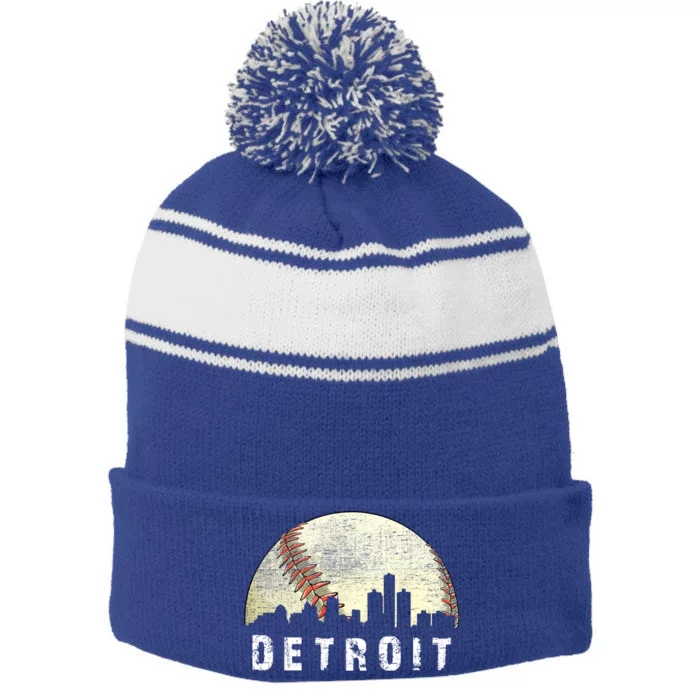 Vintage Detroit Cityscape Baseball Lover Stripe Pom Pom Beanie