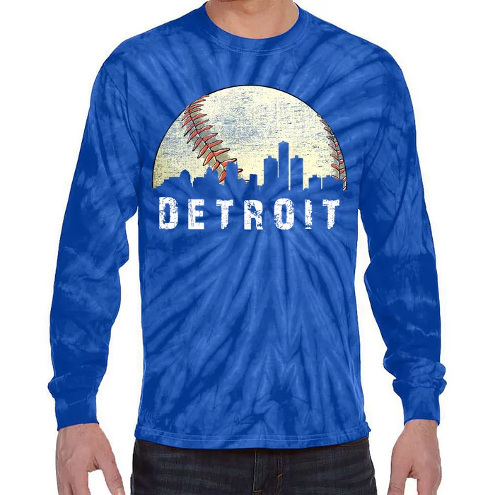 Vintage Detroit Cityscape Baseball Lover Tie-Dye Long Sleeve Shirt