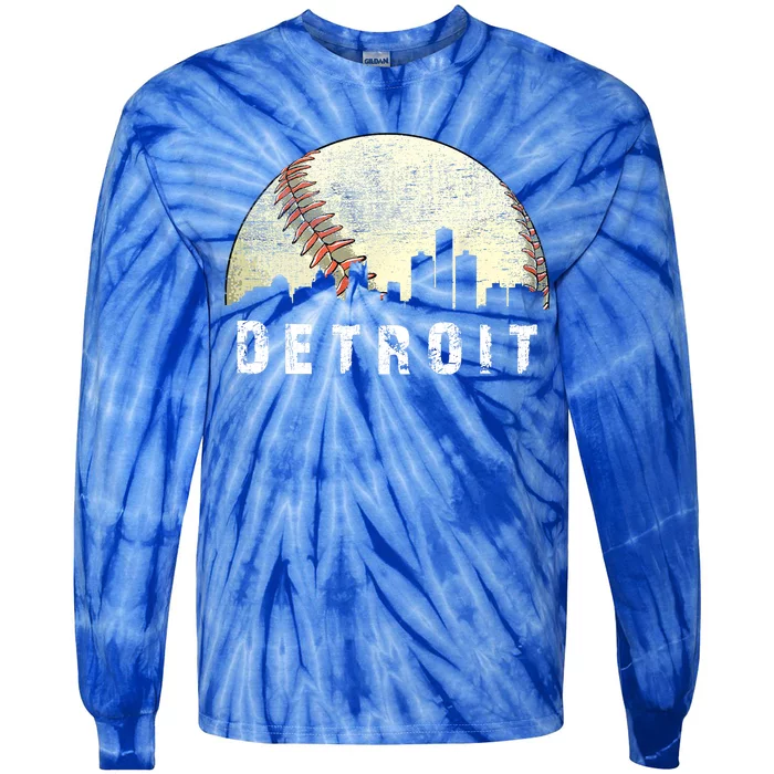 Vintage Detroit Cityscape Baseball Lover Tie-Dye Long Sleeve Shirt