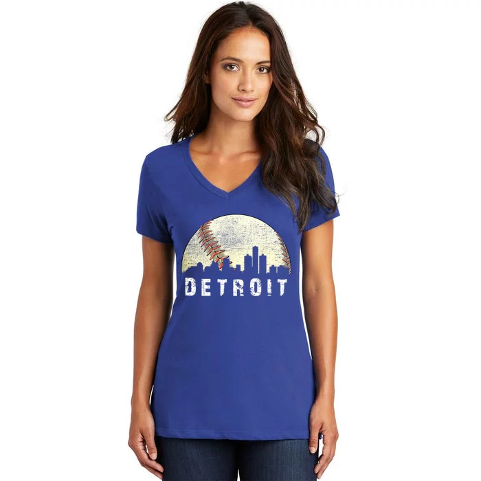 Vintage Detroit Cityscape Baseball Lover Women's V-Neck T-Shirt