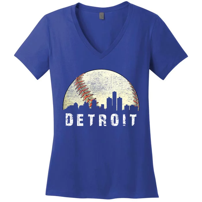 Vintage Detroit Cityscape Baseball Lover Women's V-Neck T-Shirt