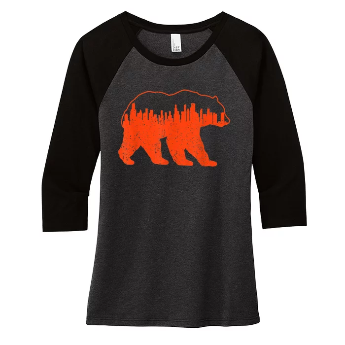 Vintage Downtown Chicago City Skyline Walking Bear Novelty Women's Tri-Blend 3/4-Sleeve Raglan Shirt