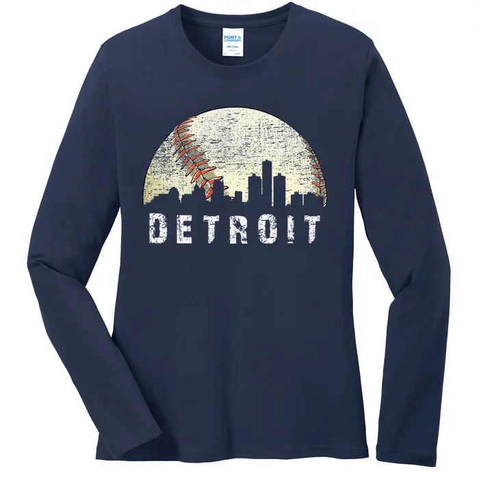 Vintage Detroit Cityscape Baseball Lover Ladies Long Sleeve Shirt