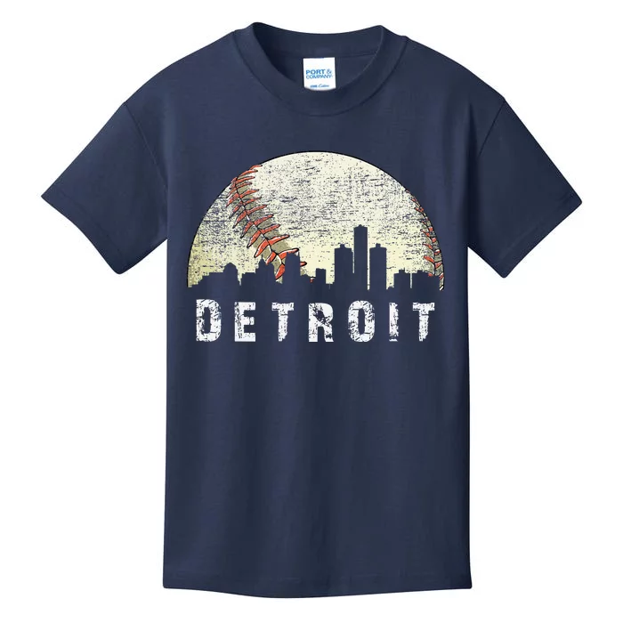 Vintage Detroit Cityscape Baseball Lover Kids T-Shirt