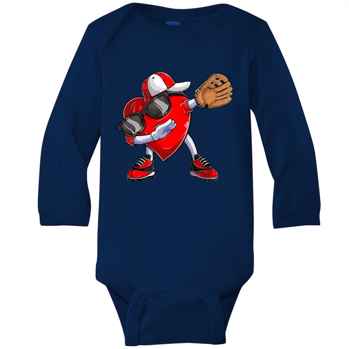 Valentines Day Dabbing Heart Baseball Catcher Baby Long Sleeve Bodysuit